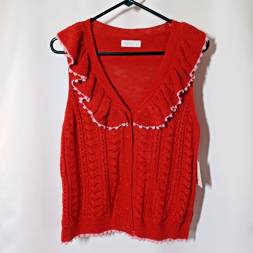LC Lauren Conrad Red Ruffle Pointelle Knit Sweater Vest White Trim XL New